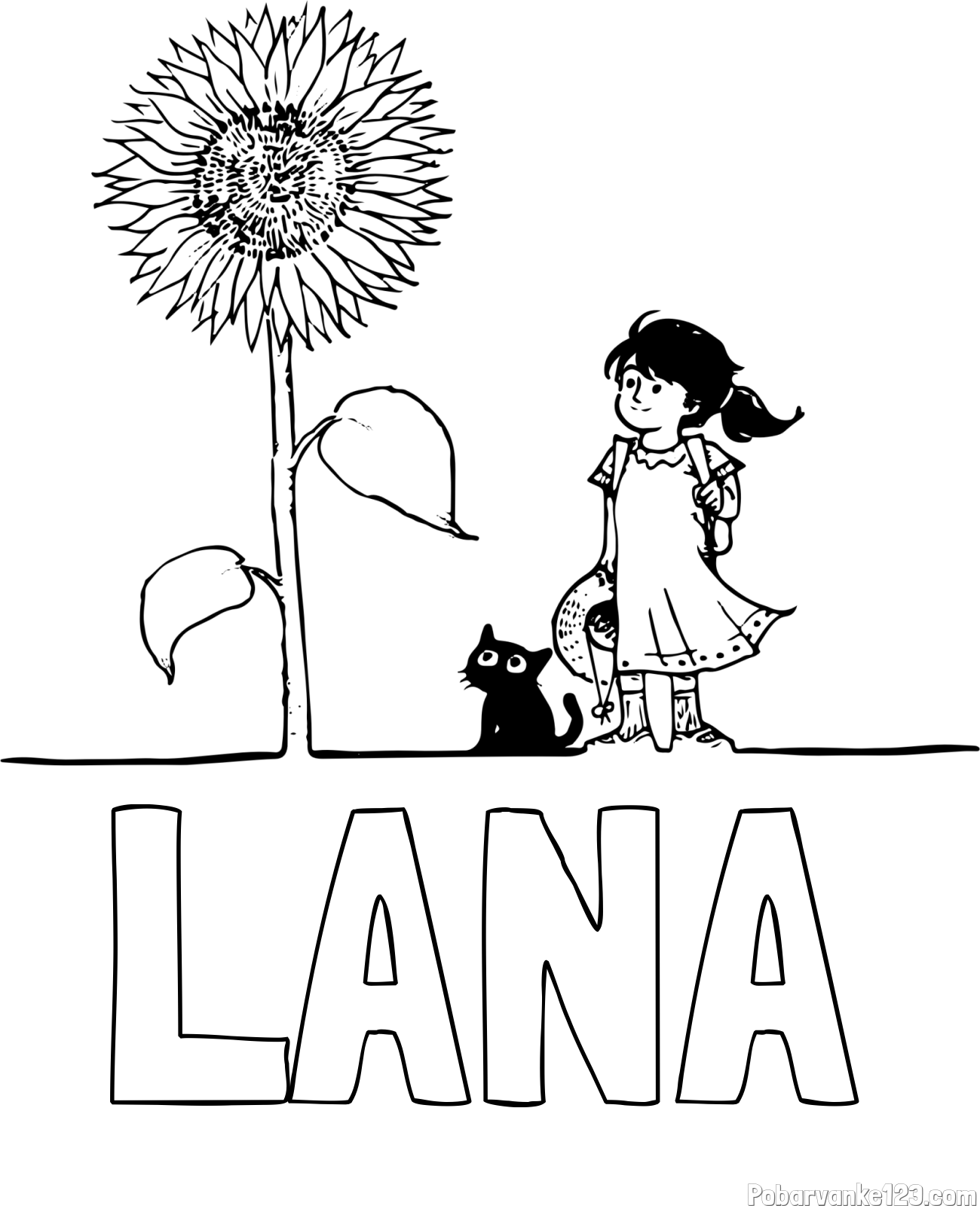 Pobarvanka imena LANA in pobarvanka velike sončnice, deklice in ljubkega mačka