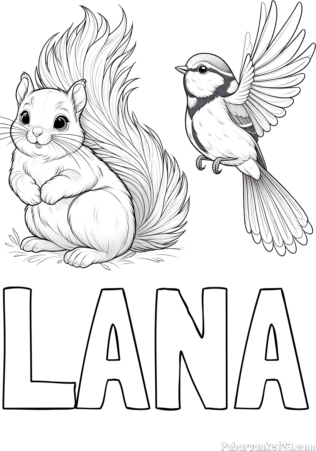 Pobarvanka imena LANA in pobarvanka veverice in ptičke