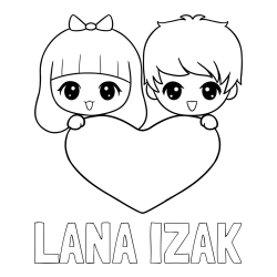 Online izdelana pobarvanka - Pobarvanka imena LANA IZAK in pobarvanka fantka in deklice, ki objemata srček