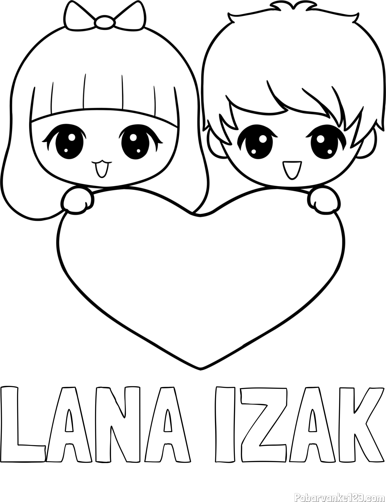 Pobarvanka imena LANA IZAK in pobarvanka fantka in deklice, ki objemata srček