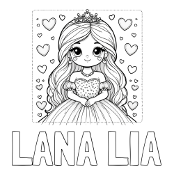 Online izdelana pobarvanka - Pobarvanka imena LANA LIA in pobarvanka ljubke princese obdane s srčki