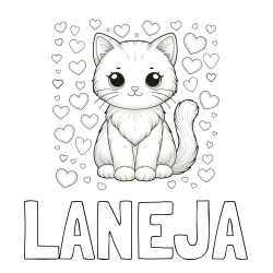 Online izdelana pobarvanka - Pobarvanka imena LANEJA in pobarvanka ljubke mucke obdane s srčki