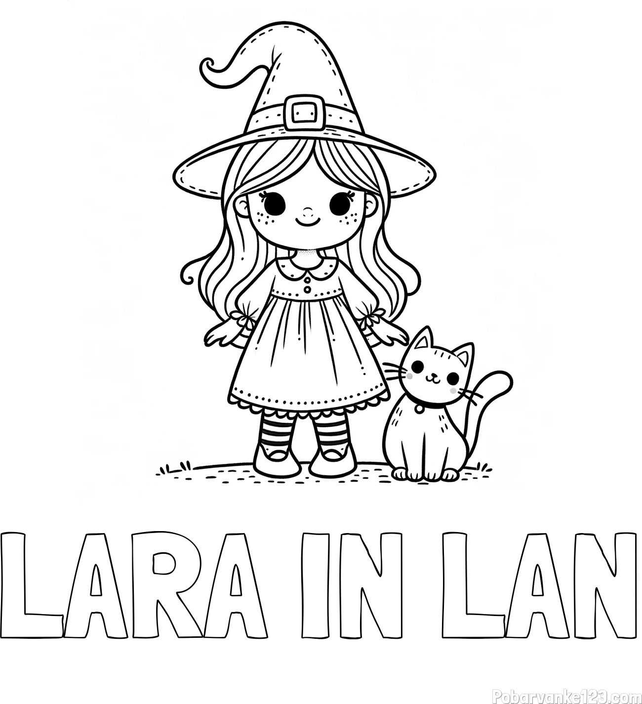 Pobarvanka imena LARA IN LAN in Čudovita pobarvanka ljubke čarovnice in nasmejane mačke
