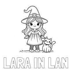 Online izdelana pobarvanka - Pobarvanka imena LARA IN LAN in Čudovita pobarvanka ljubke čarovnice in nasmejane mačke