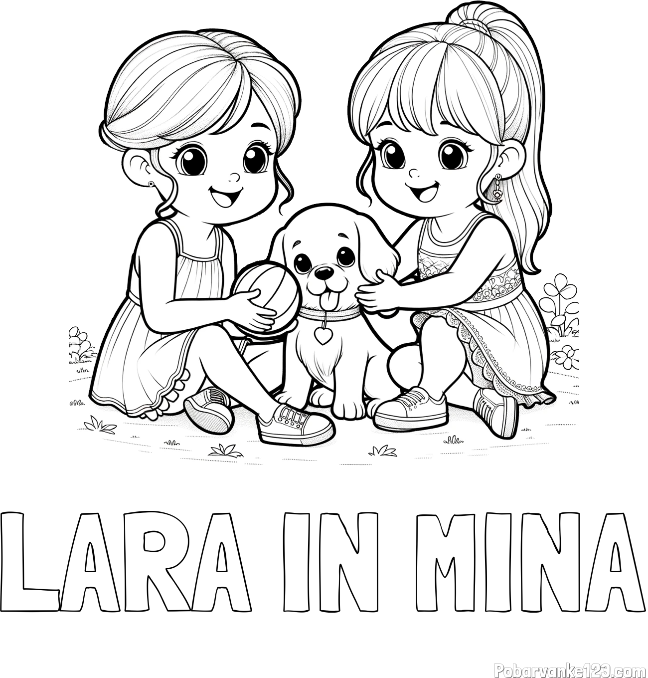 Pobarvanka imena LARA IN MINA in pobarvanka prijateljic s kužkom