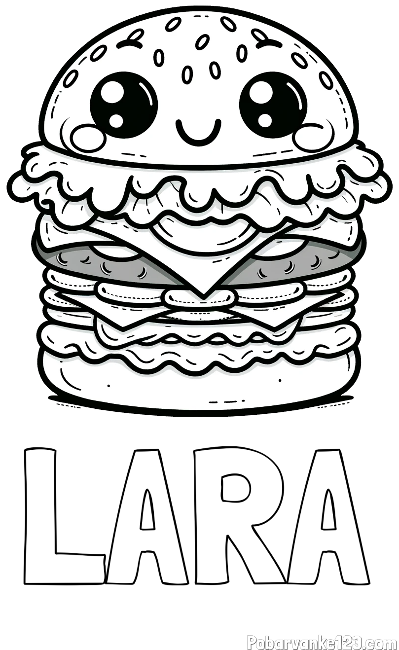 Pobarvanka imena LARA in otroška pobarvanka nasmejanega hamburgerja