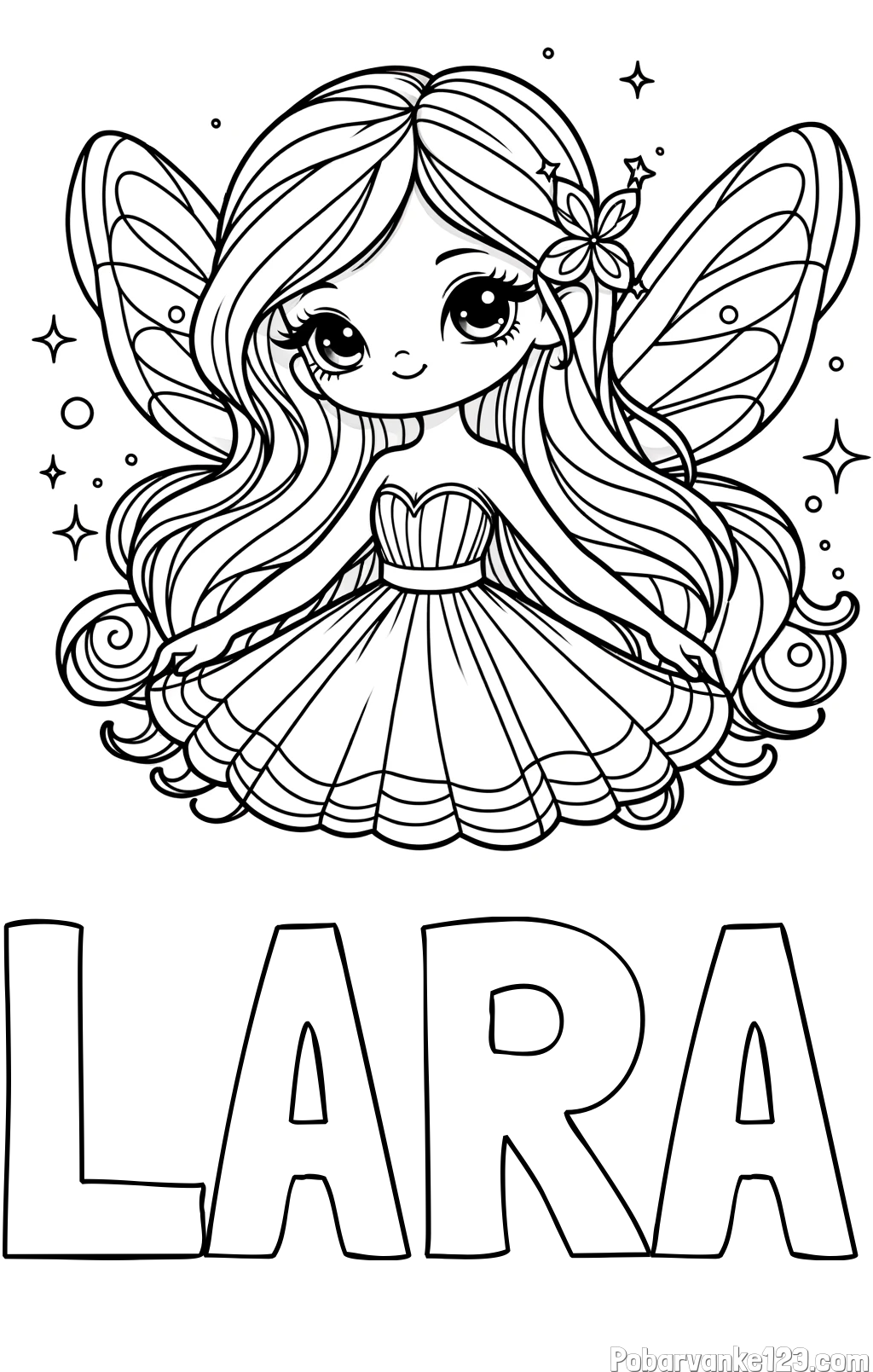 Pobarvanka imena LARA in pobarvanka ljubke in nasmejane čarobne vile