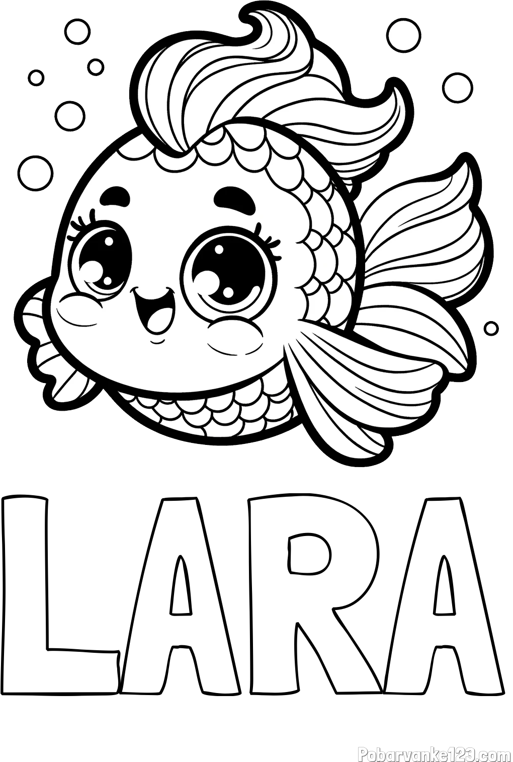 Pobarvanka imena LARA in pobarvanka ljubke pravljične ribe