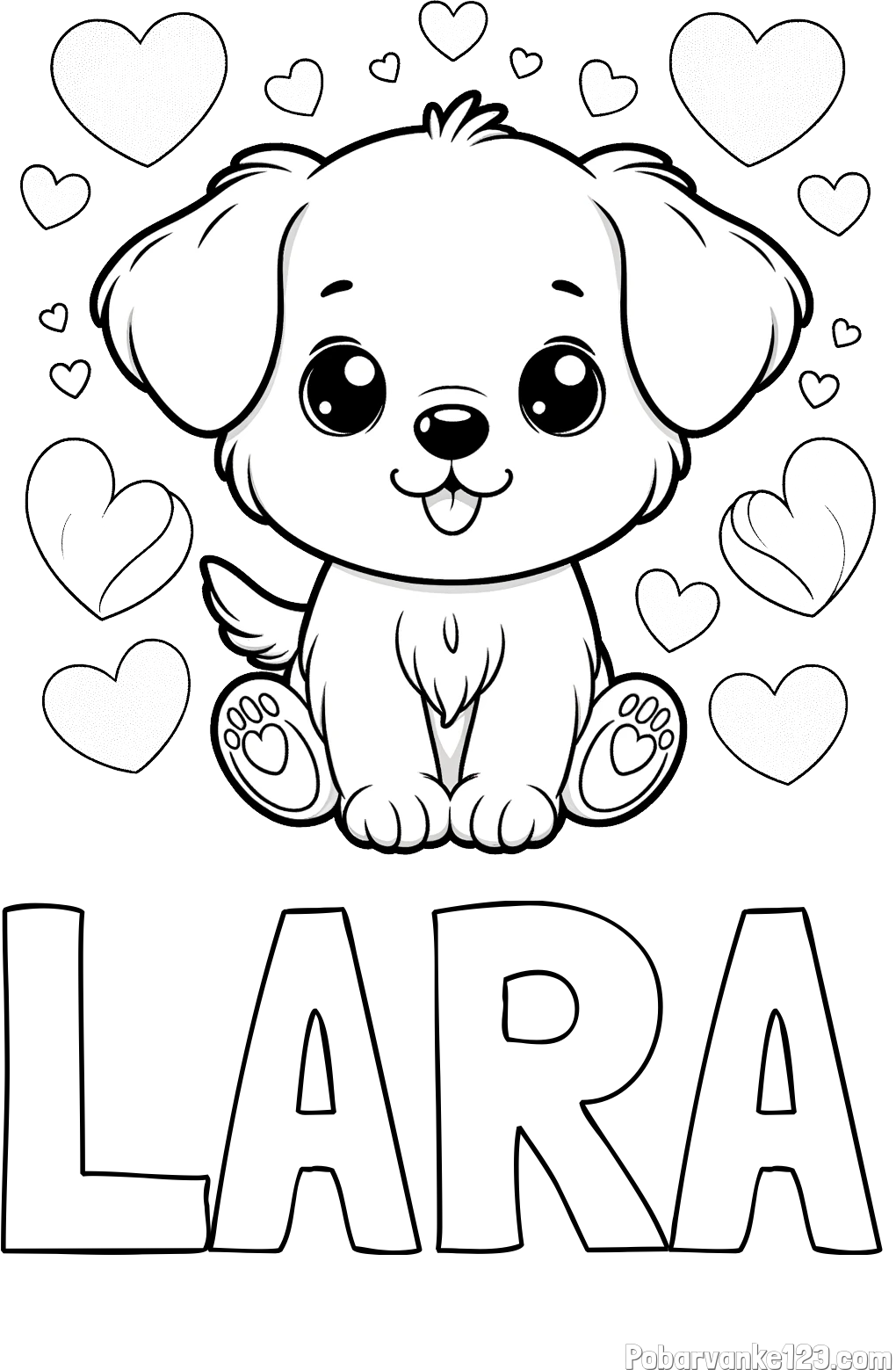 Pobarvanka imena LARA in pobarvanka ljubkega kužka obdanega s srčki