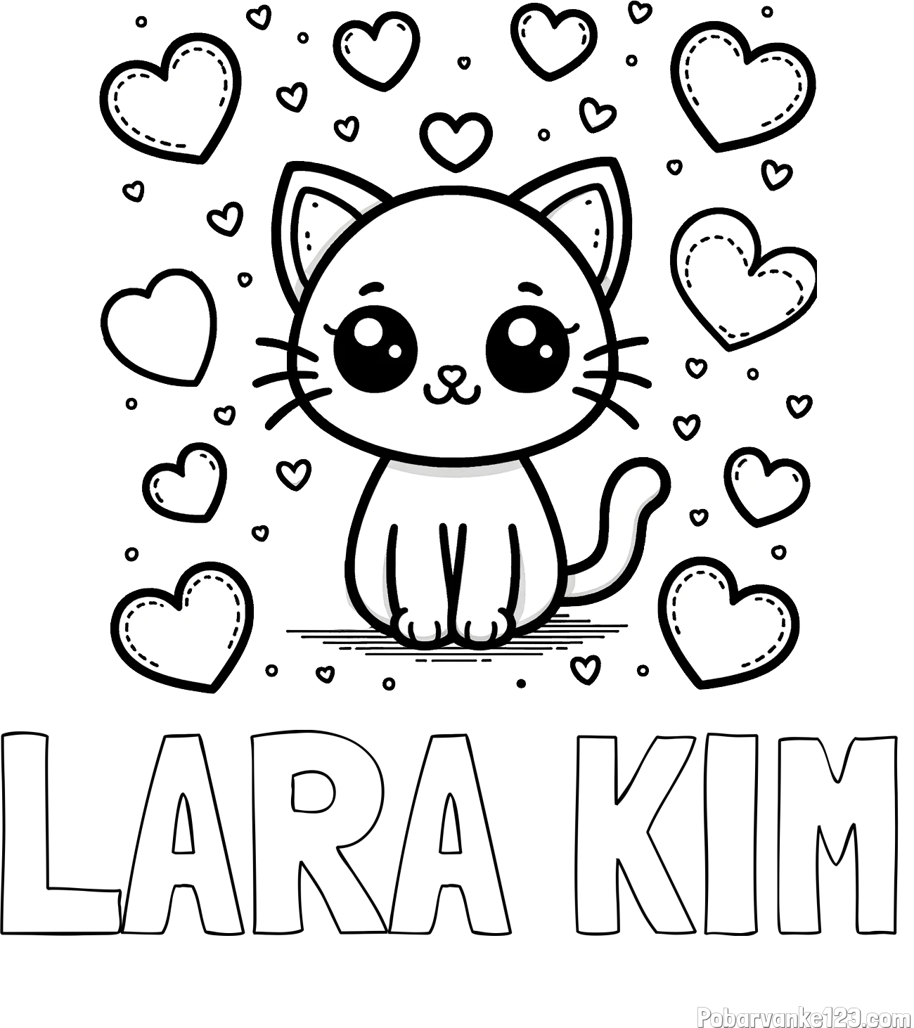 Pobarvanka imena LARA KIM in pobarvanka ljubke mucke obdane z veliko srčki