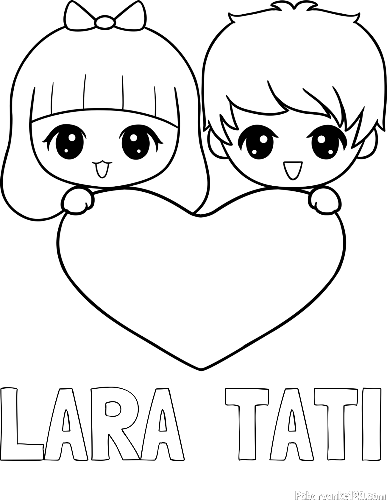 Pobarvanka imena LARA  TATI in pobarvanka fantka in deklice, ki objemata srček