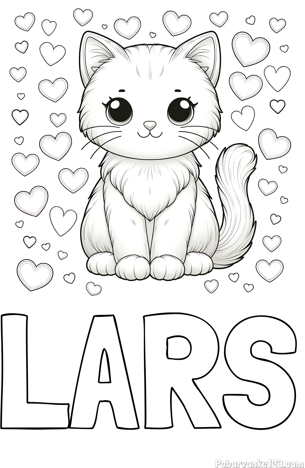 Pobarvanka imena LARS in pobarvanka ljubke mucke obdane s srčki