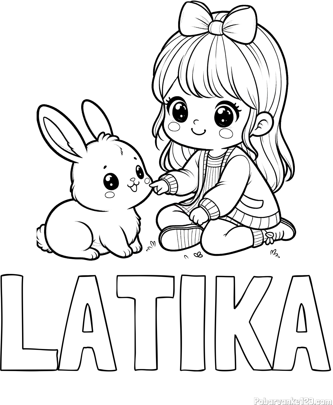 Pobarvanka imena LATIKA in pobarvanka ljubke punčke, ki se igra z zajčkom