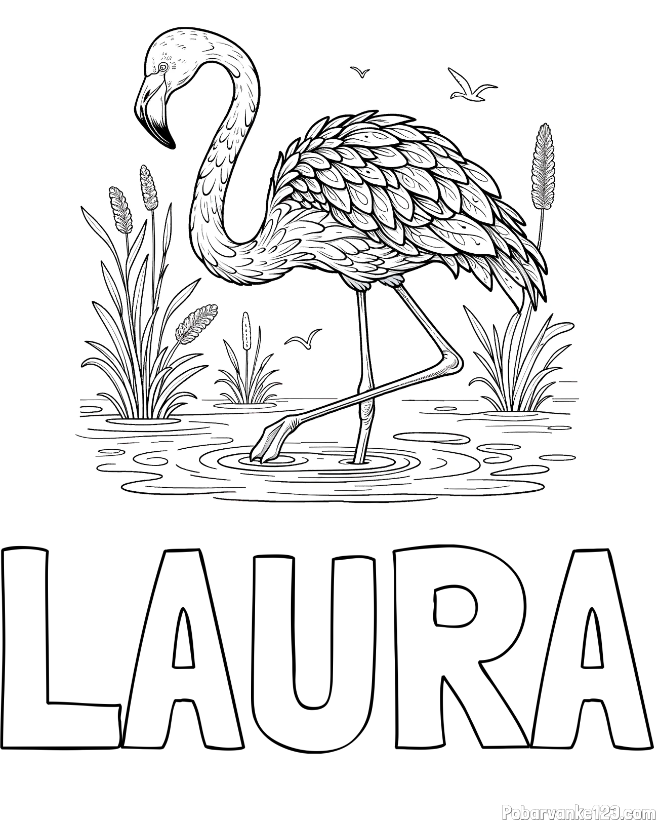Pobarvanka imena LAURA in pobarvanka flaminga v močvirju