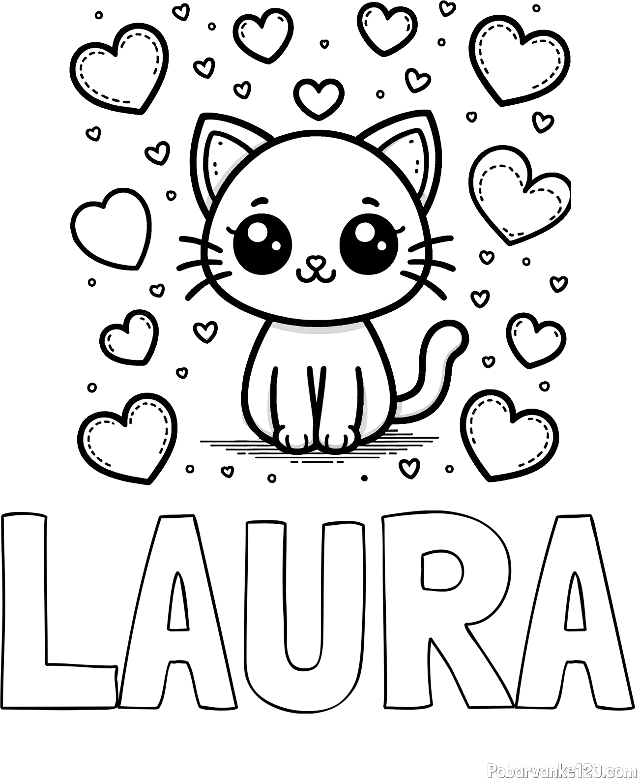 Pobarvanka imena LAURA in pobarvanka ljubke mucke obdane z veliko srčki