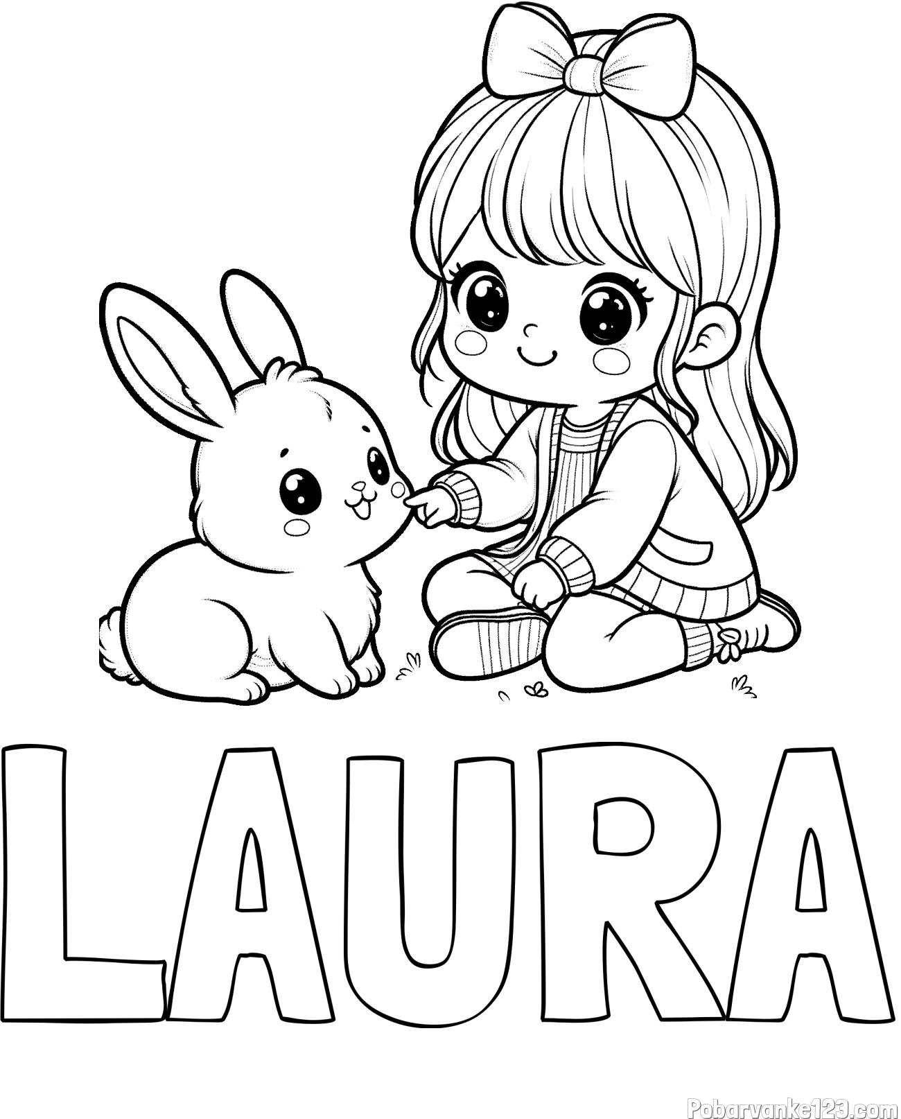 Pobarvanka imena LAURA in pobarvanka ljubke punčke, ki se igra z zajčkom