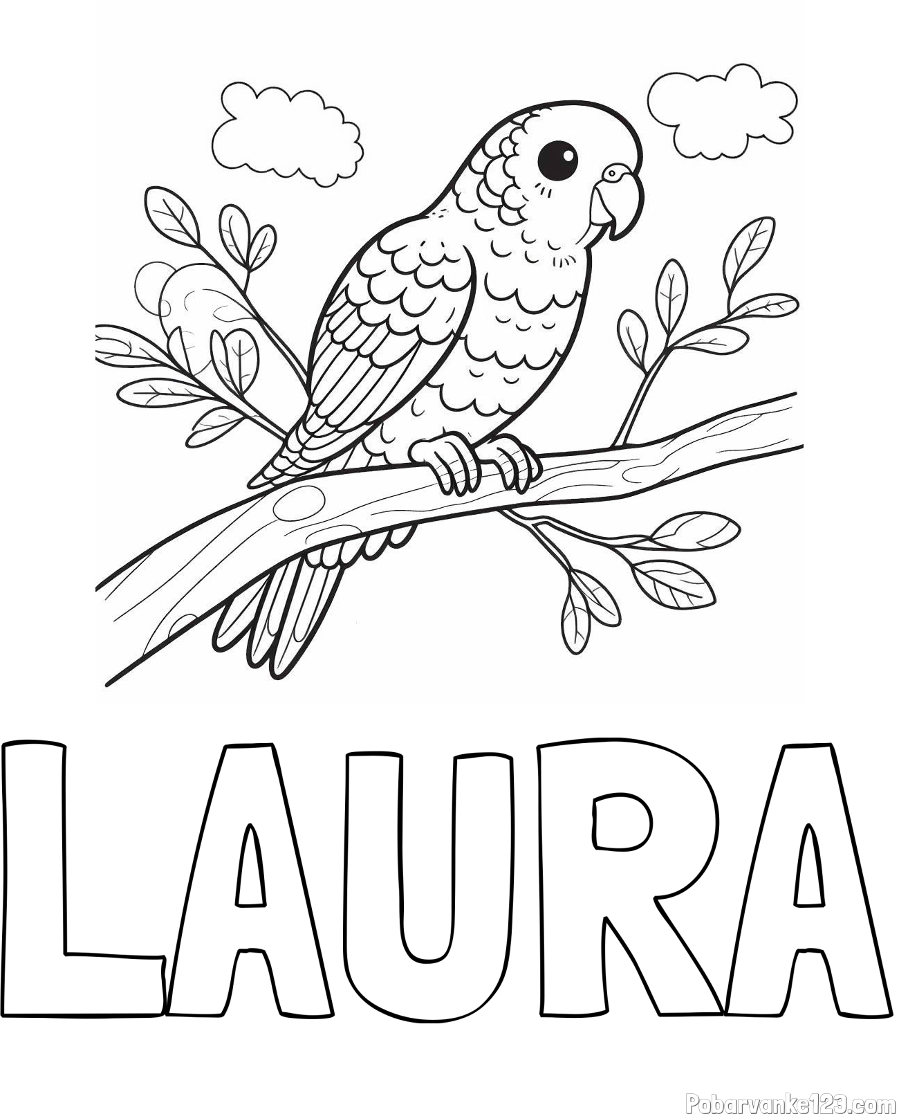 Pobarvanka imena LAURA in pobarvanka ljubkega kanarčka na veji