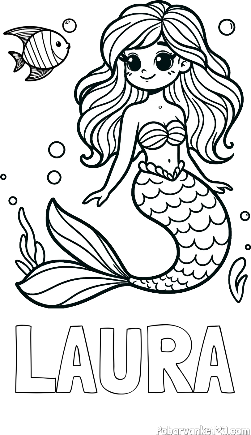 Pobarvanka imena LAURA in pobarvanka male morske deklice in ribice