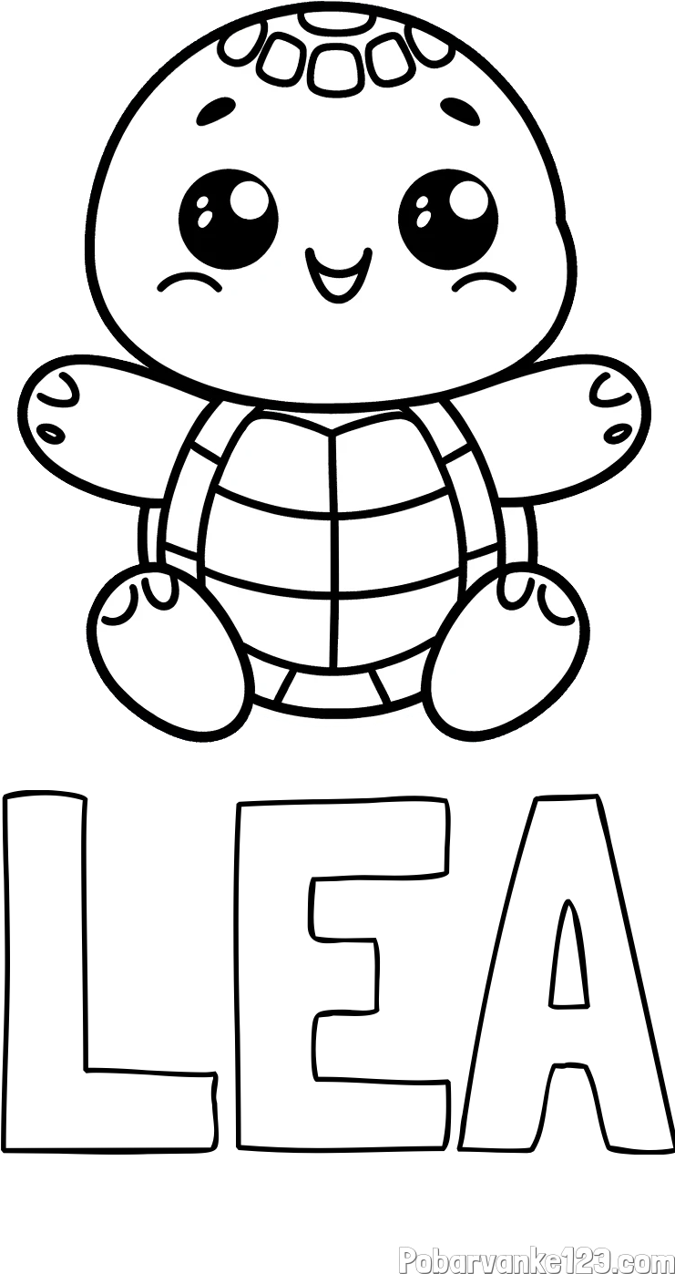 Pobarvanka imena LEA in otroška pobarvanka ljubke in nasmejane želvice