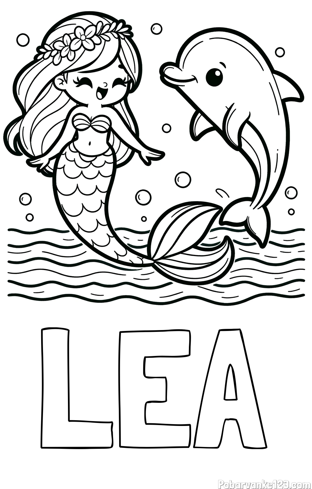 Pobarvanka imena LEA in pobarvanka ljubke morske deklice, ki pleše z delfinom