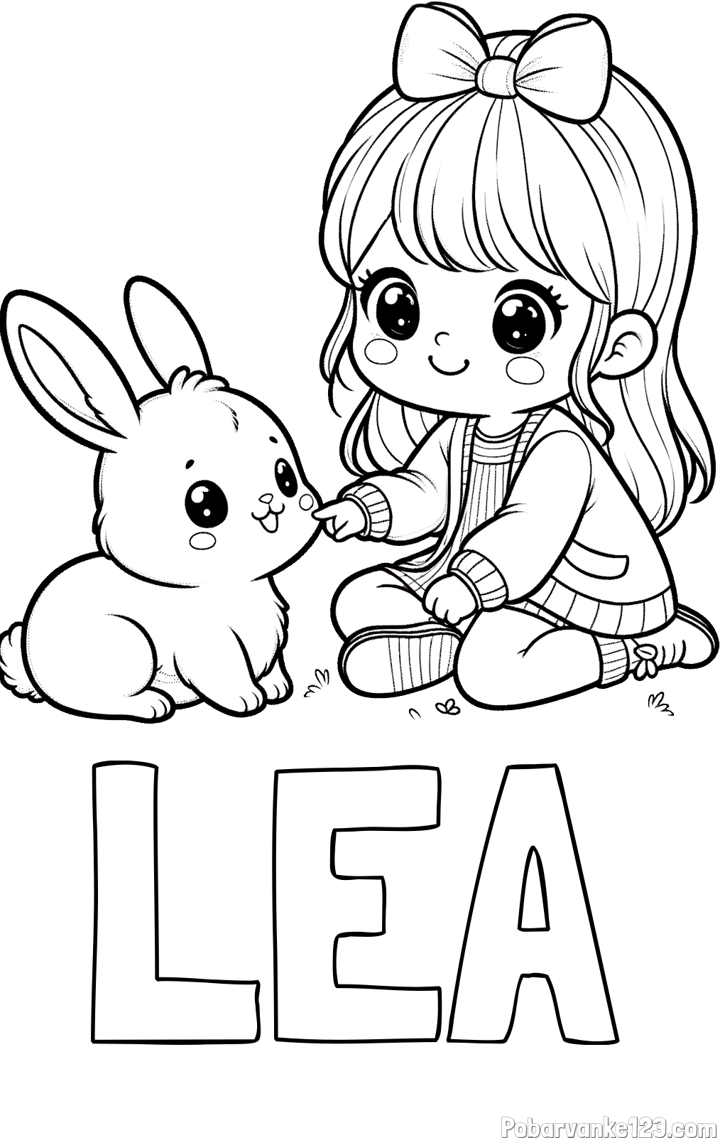 Pobarvanka imena LEA in pobarvanka ljubke punčke, ki se igra z zajčkom
