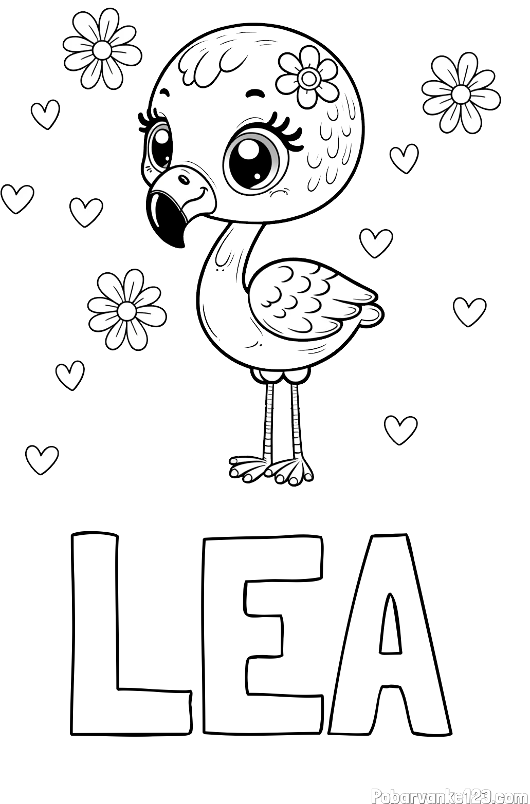 Pobarvanka imena LEA in pobarvanka mladička flaminga z rožicami in srčki