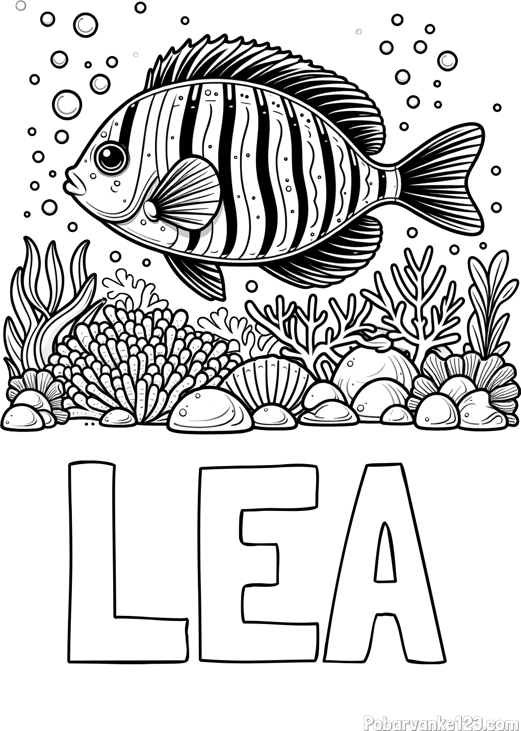 Pobarvanka imena LEA in pobarvanka ribe v morju med koralami