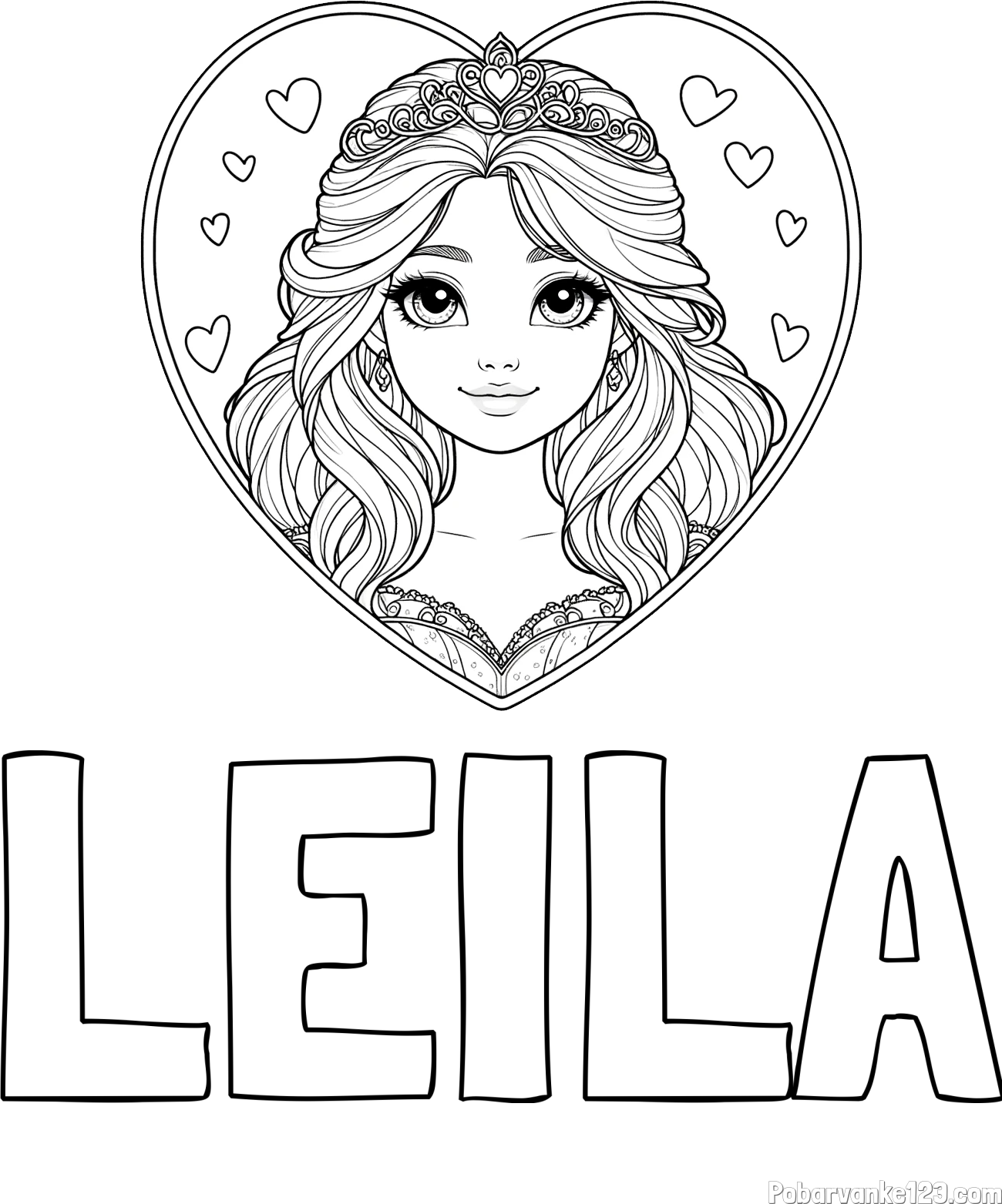 Pobarvanka imena LEILA in pobarvanka princeske ter srčkov