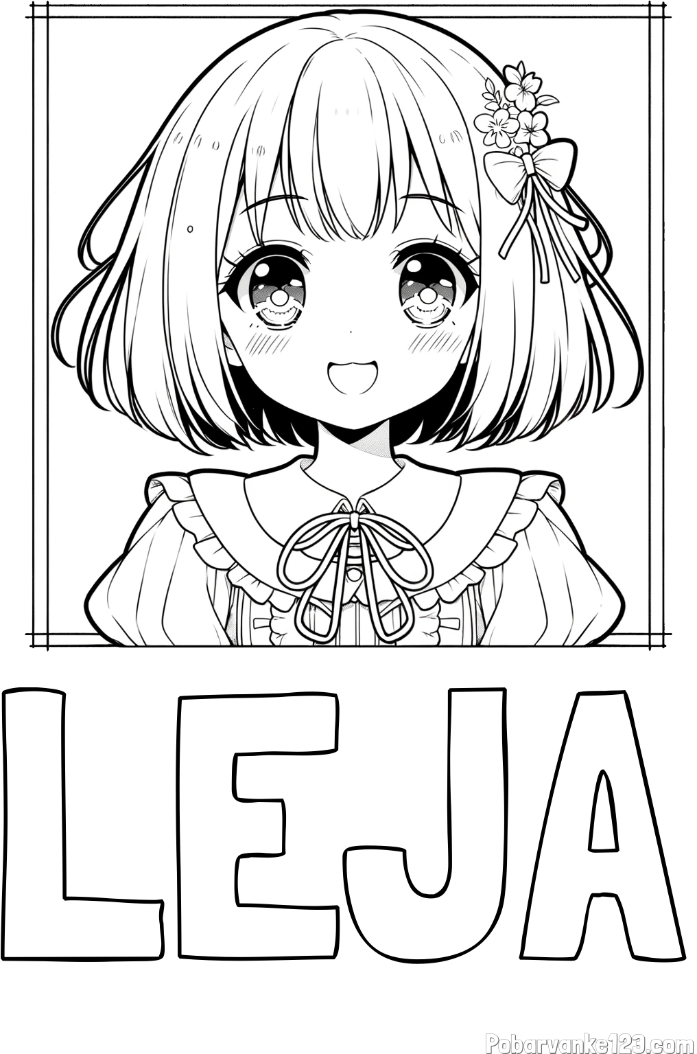 Pobarvanka imena LEJA in pobarvanka ljubke punčke v anime slogu