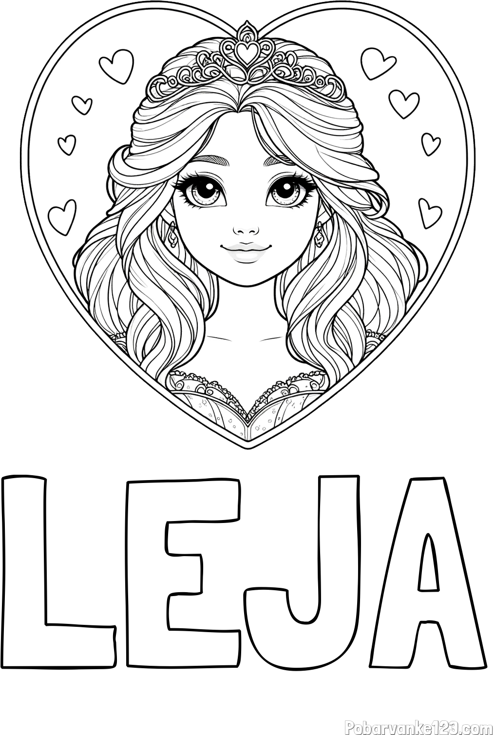 Pobarvanka imena LEJA in pobarvanka princeske ter srčkov