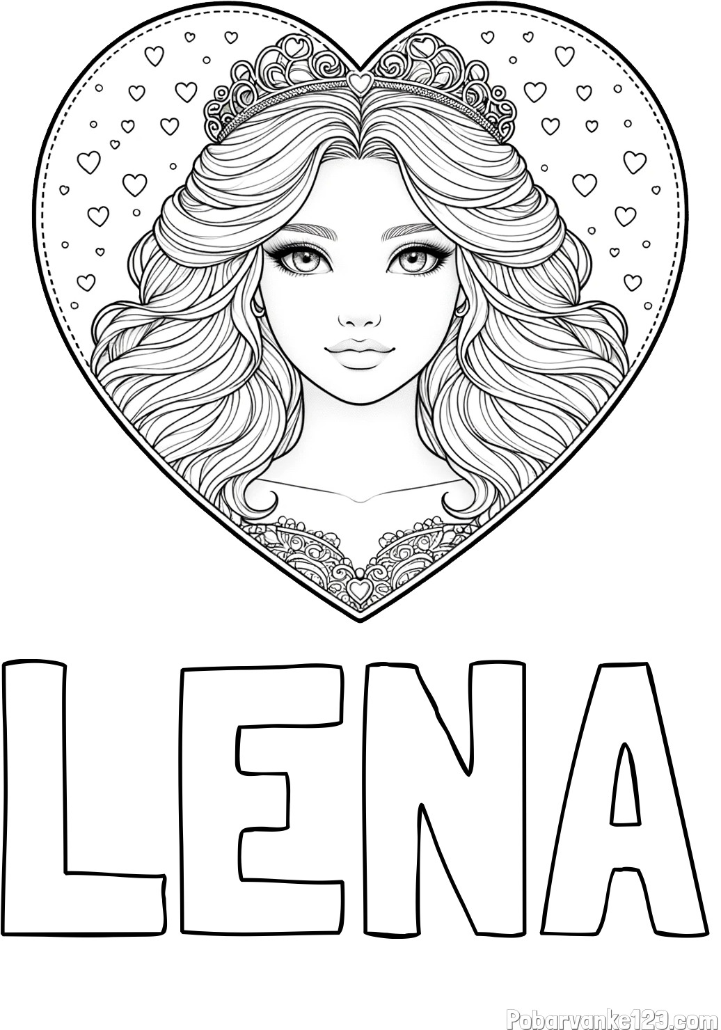 Pobarvanka imena LENA in pobarvanka ljubke princese v srčku