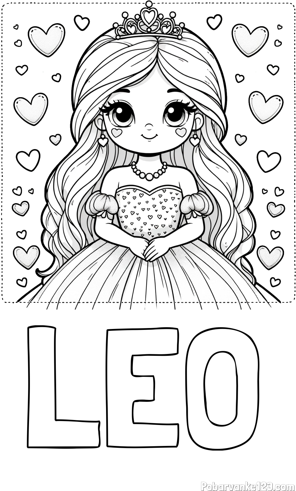 Pobarvanka imena LEO in pobarvanka ljubke princese obdane s srčki