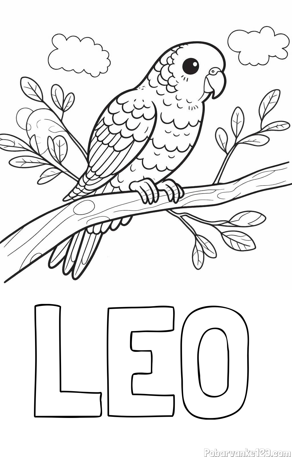 Pobarvanka imena LEO in pobarvanka ljubkega kanarčka na veji