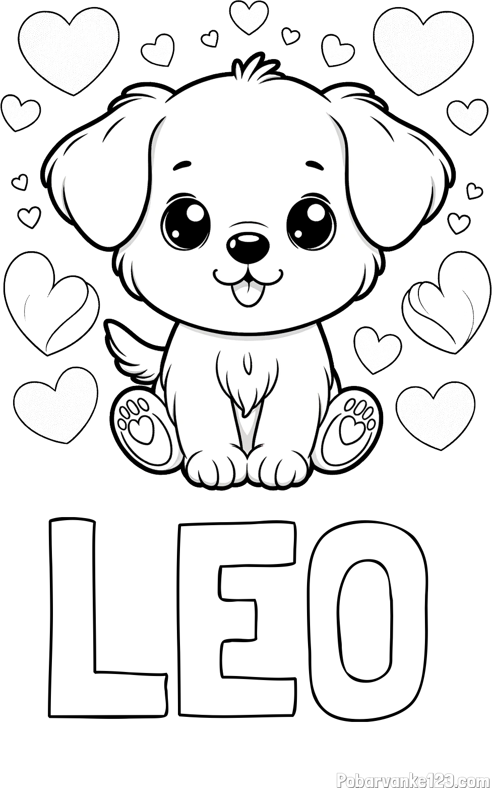 Pobarvanka imena LEO in pobarvanka ljubkega kužka obdanega s srčki