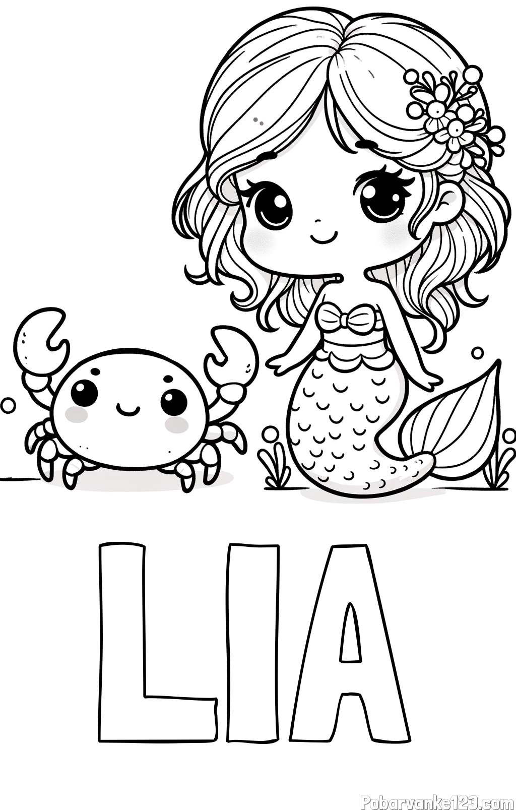 Pobarvanka imena LIA in pobarvanka ljubke morske deklice in veselega raka