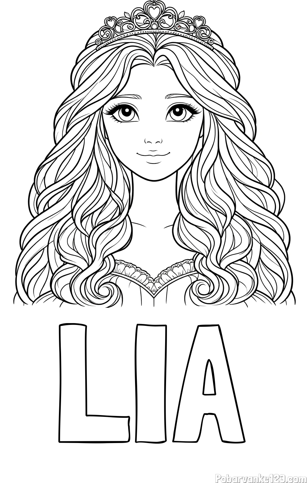 Pobarvanka imena LIA in pobarvanka ljubke princese z bujnimi lasmi