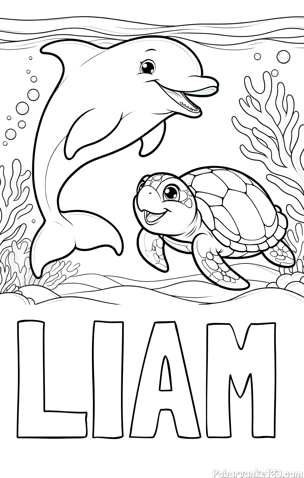 Pobarvanka imena LIAM in pobarvanka ljubkega delfina z želvo v morju