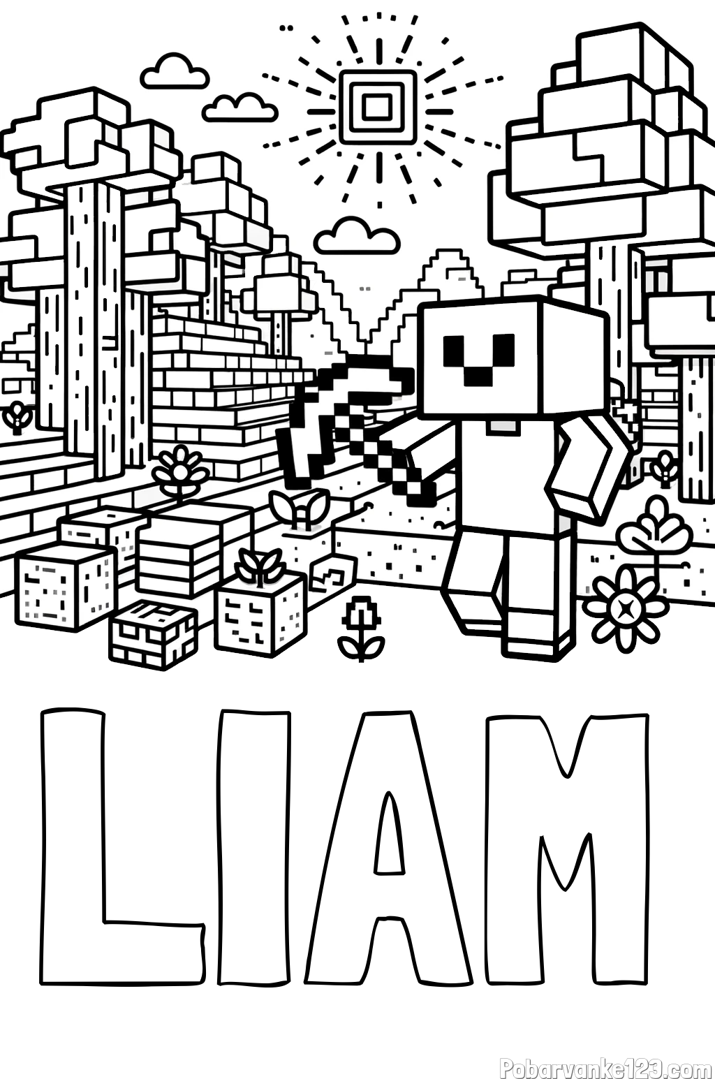 Pobarvanka imena LIAM in pobarvanka Minecraft sveta