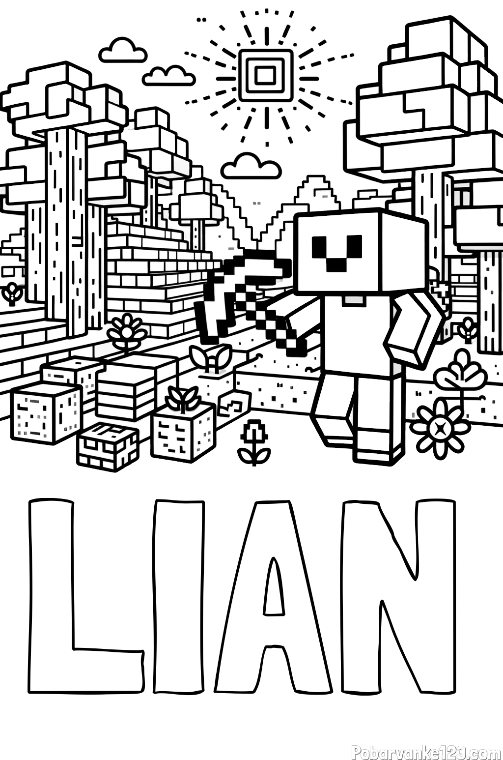 Pobarvanka imena LIAN in pobarvanka Minecraft sveta