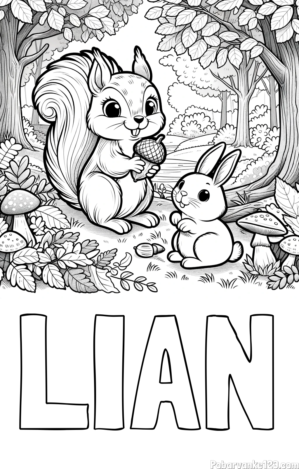 Pobarvanka imena LIAN in pobarvanka veveričke in zajčka v gozdu