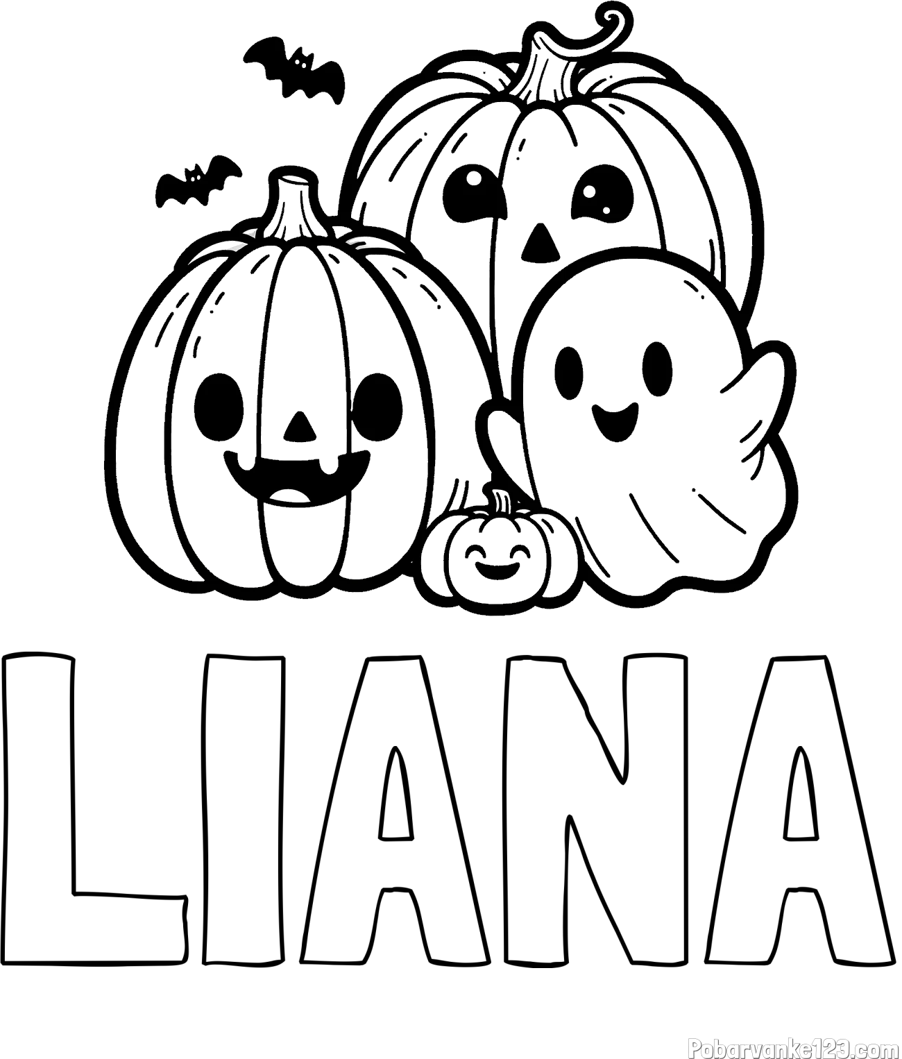 Pobarvanka imena LIANA in pobarvanka duhca in buč za noč čarovnic