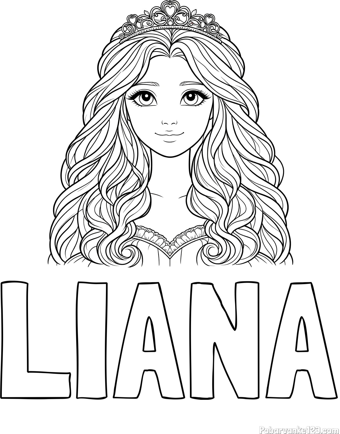 Pobarvanka imena LIANA in pobarvanka ljubke princese z bujnimi lasmi