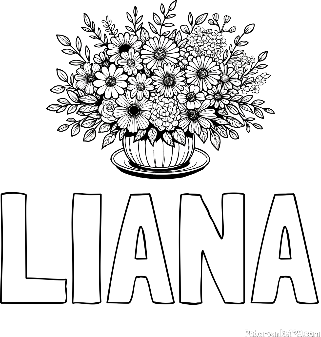 Pobarvanka imena LIANA in pobarvanka velikega šopka rož