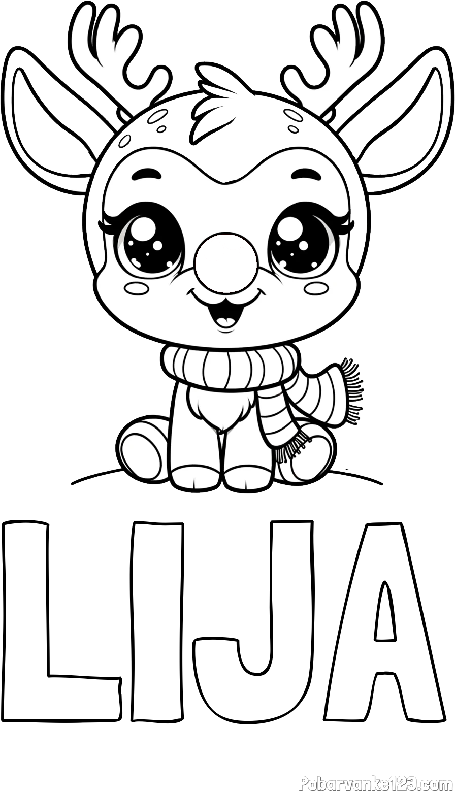 Pobarvanka imena LIJA in otroška pobarvanka jelenčka Rudolfa s šalom okoli vratu