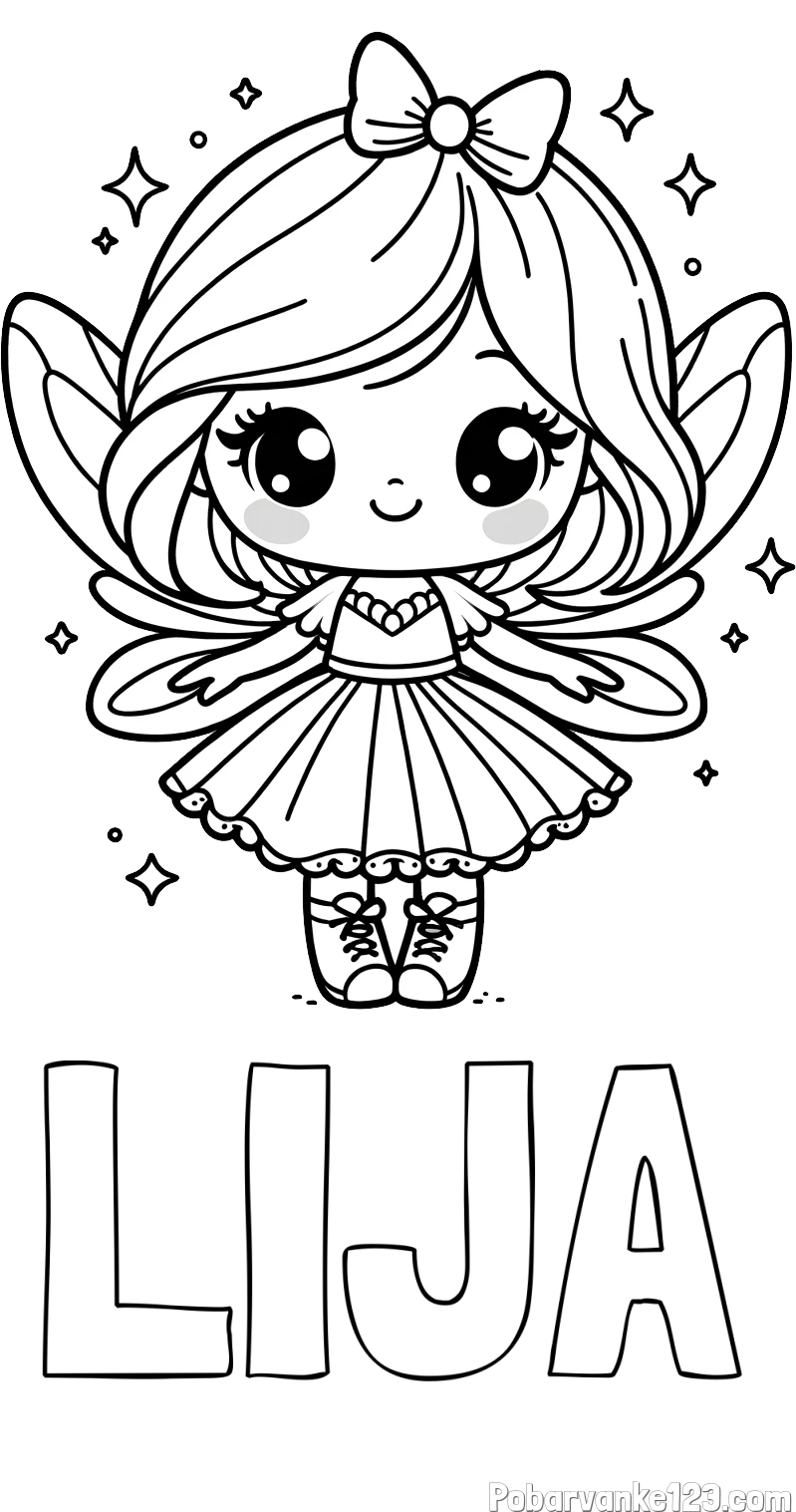 Pobarvanka imena LIJA in pobarvanka čarobne vile z ljubkim obrazom