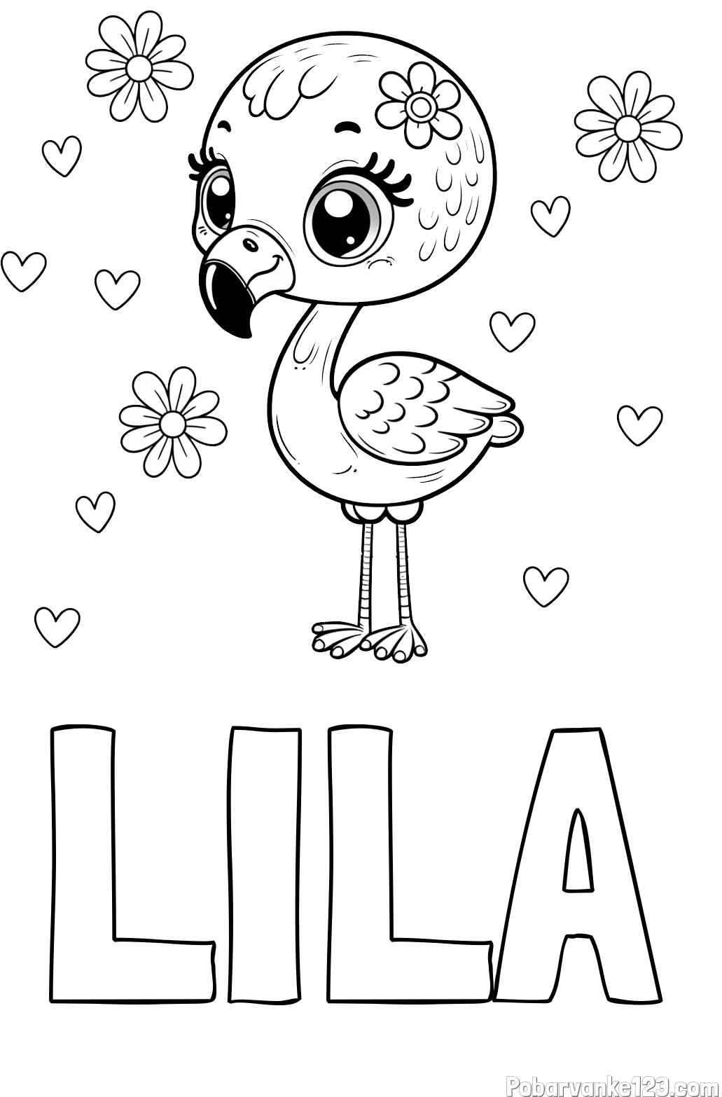 Pobarvanka imena LILA in pobarvanka mladička flaminga z rožicami in srčki