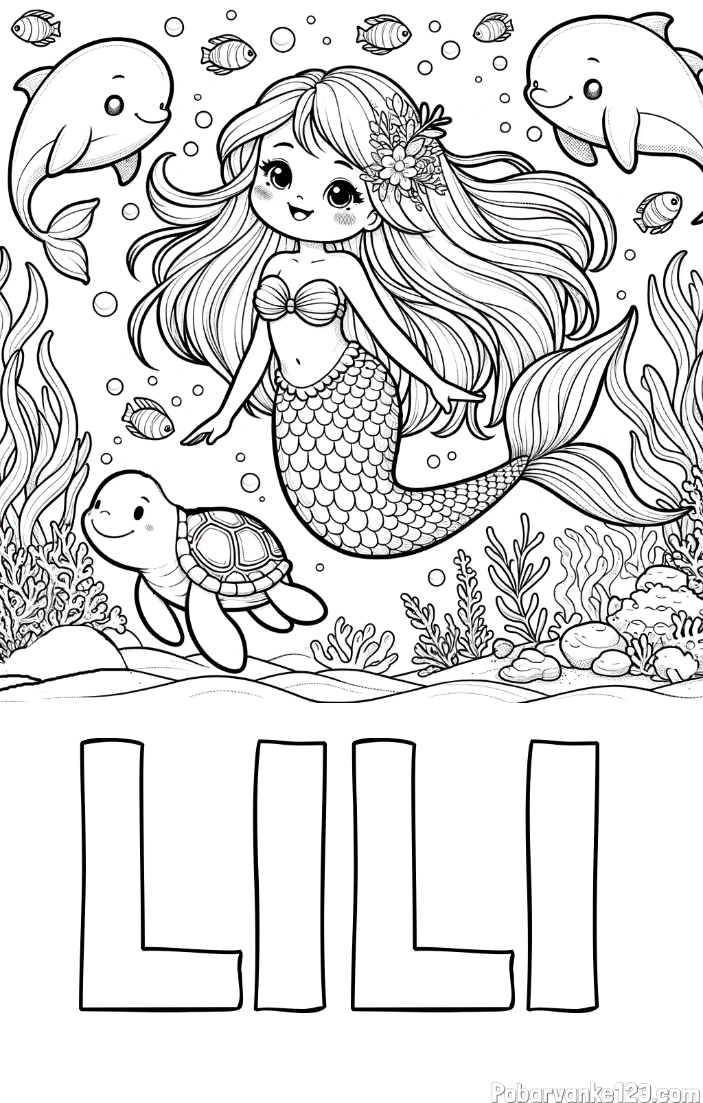 Pobarvanka imena LILI in pobarvana ljubke morske deklice s prijatelji