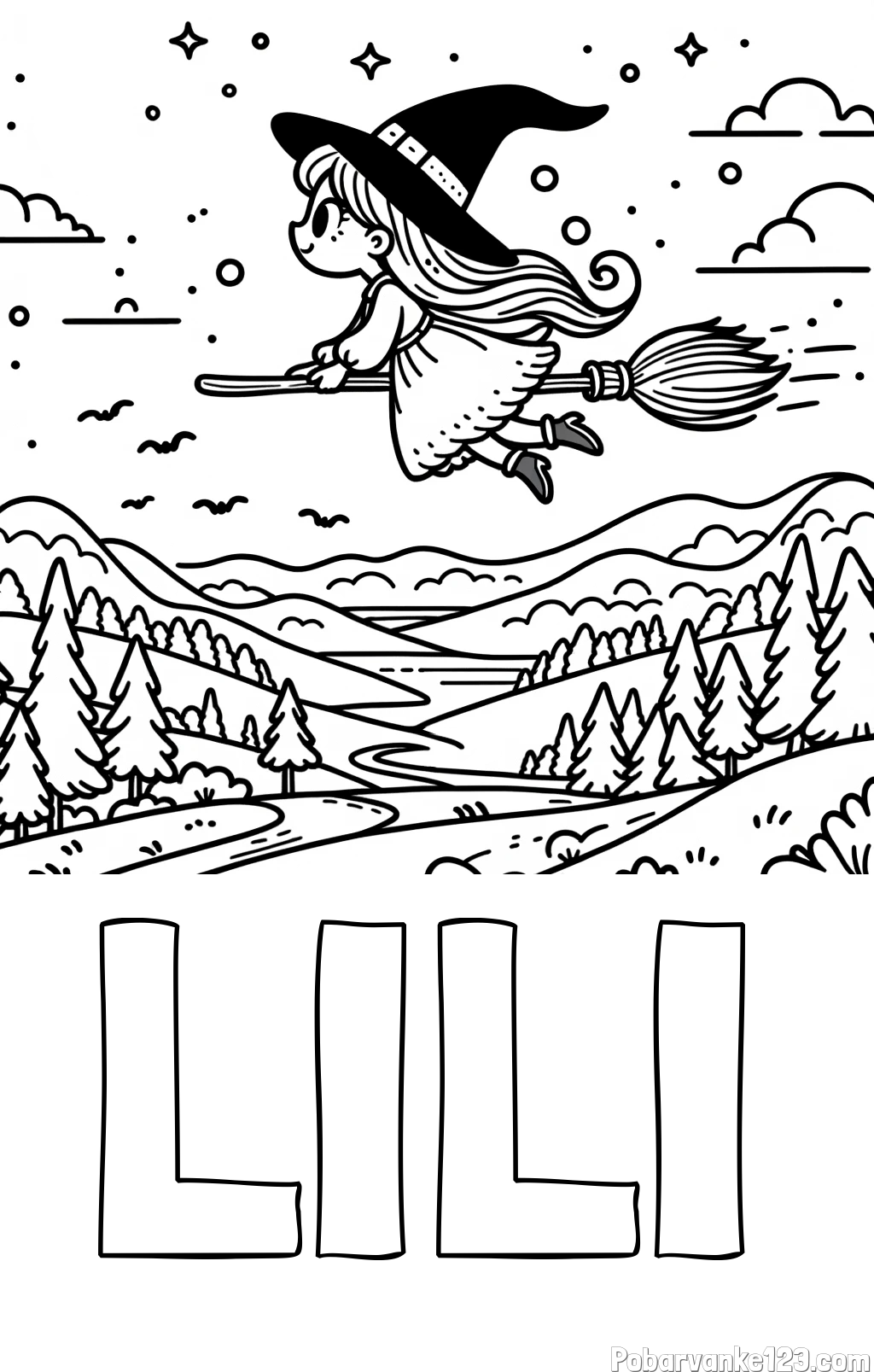 Pobarvanka imena LILI in pobarvanka čarovnice, ki leti na metli