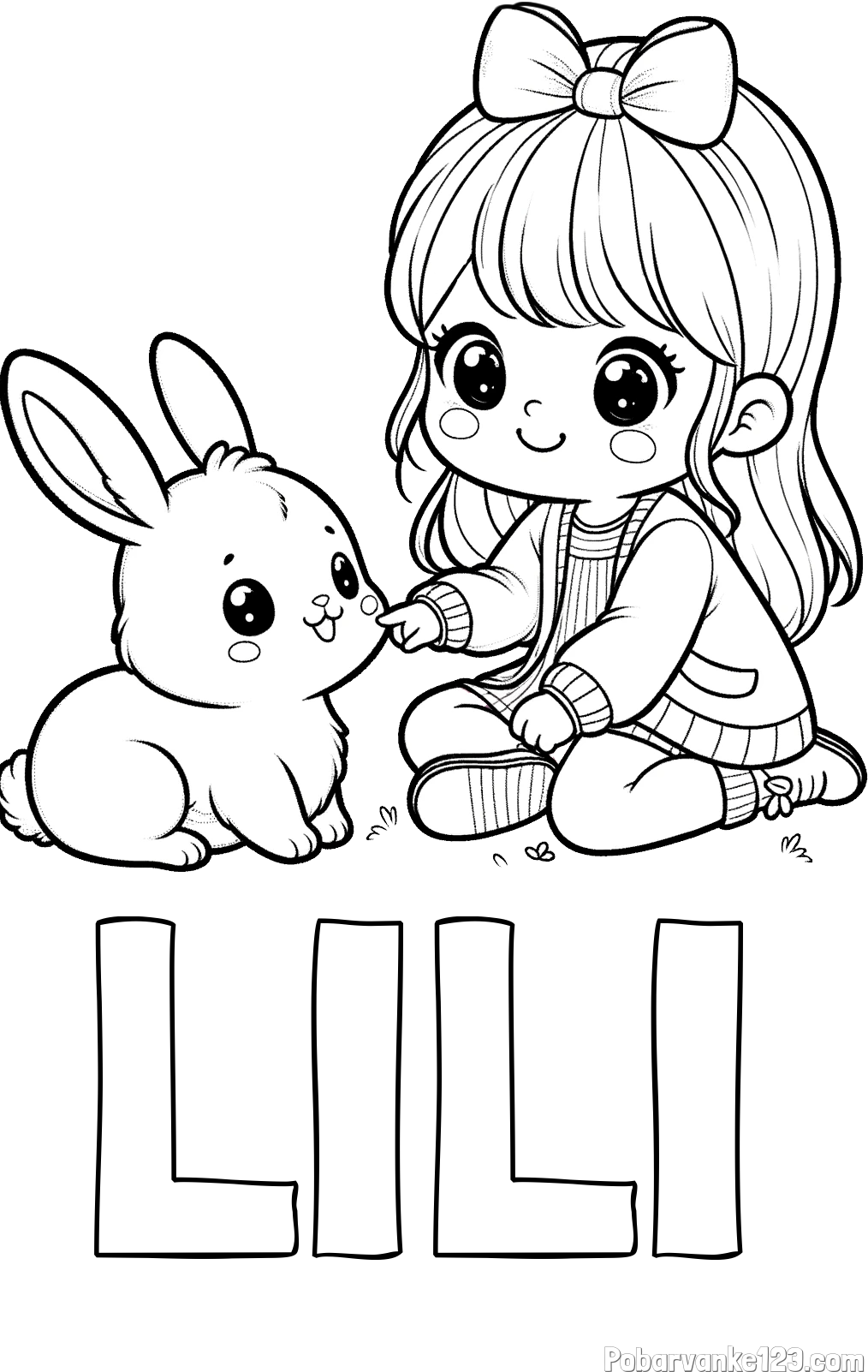 Pobarvanka imena LILI in pobarvanka ljubke punčke, ki se igra z zajčkom