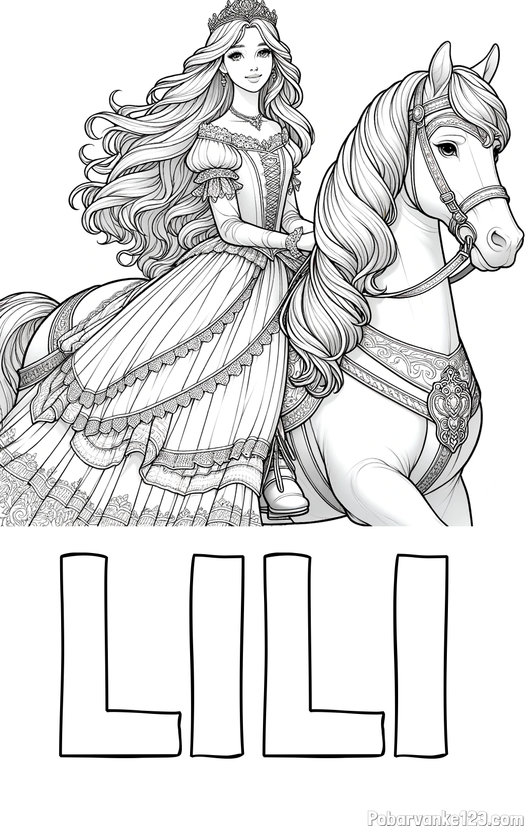 Pobarvanka imena LILI in pobarvanka nasmejana princese na konju